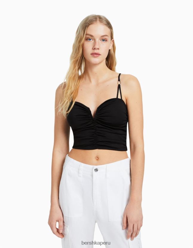 negro Bershka mujer top fruncido con detalle de escote 806J6B784