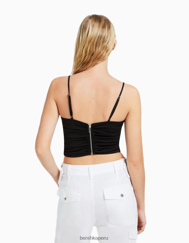 negro Bershka mujer top fruncido con detalle de escote 806J6B784