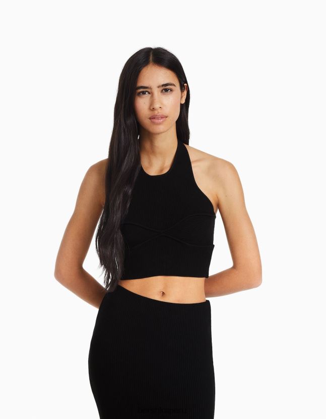 negro Bershka mujer top halter con detalle tejido 806J6B845
