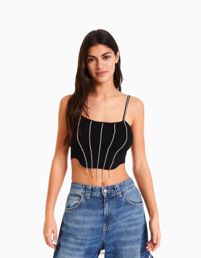 negro Bershka mujer top tejido con tiras y pedrería 806J6B765