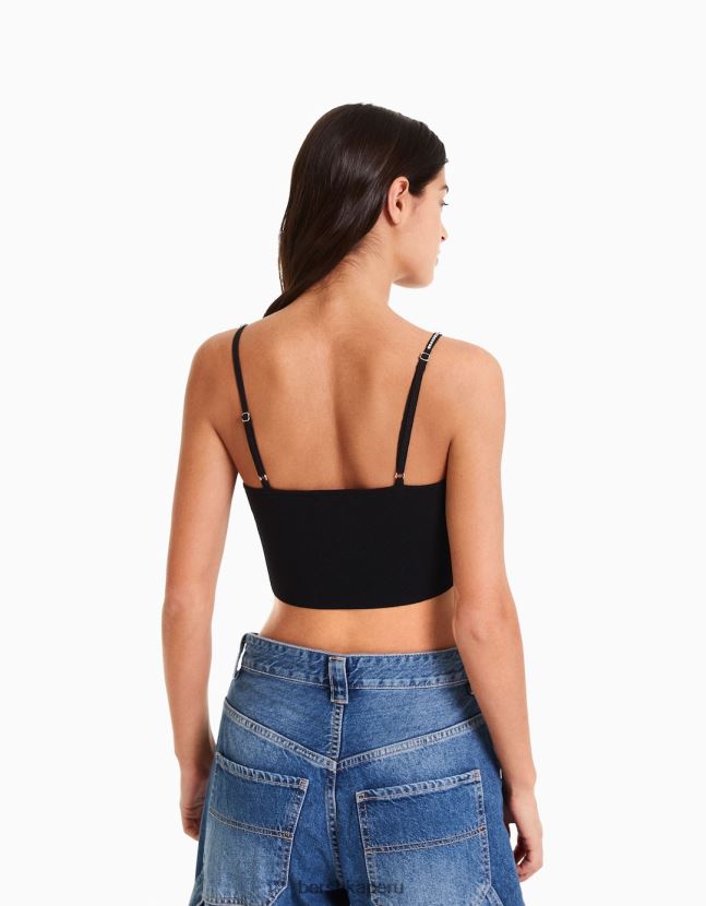 negro Bershka mujer top tejido con tiras y pedrería 806J6B765