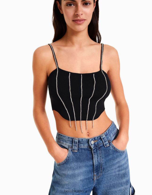 negro Bershka mujer top tejido con tiras y pedrería 806J6B765