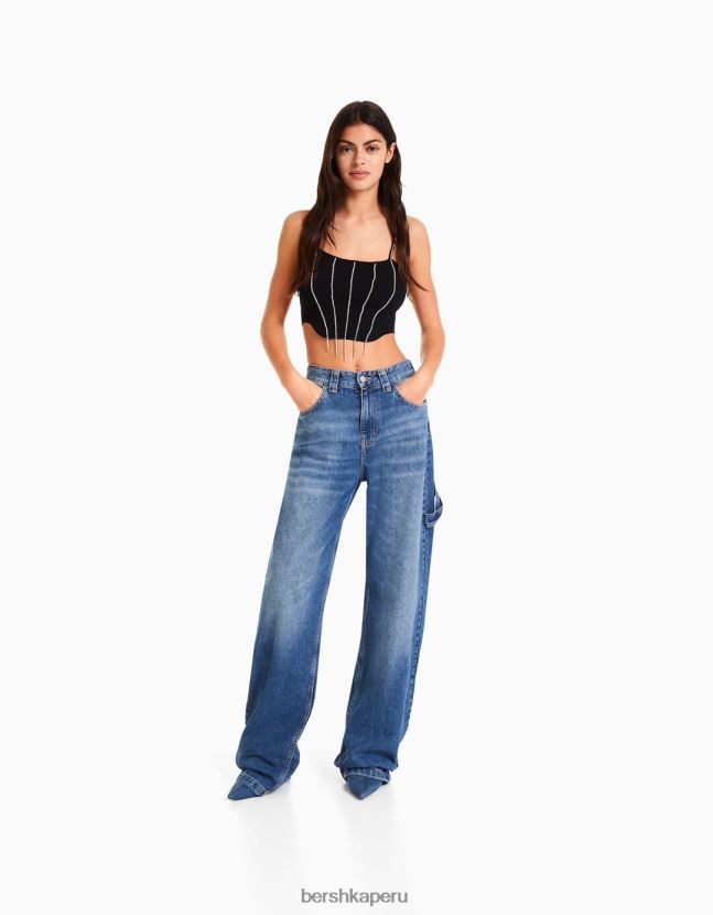 negro Bershka mujer top tejido con tiras y pedrería 806J6B765