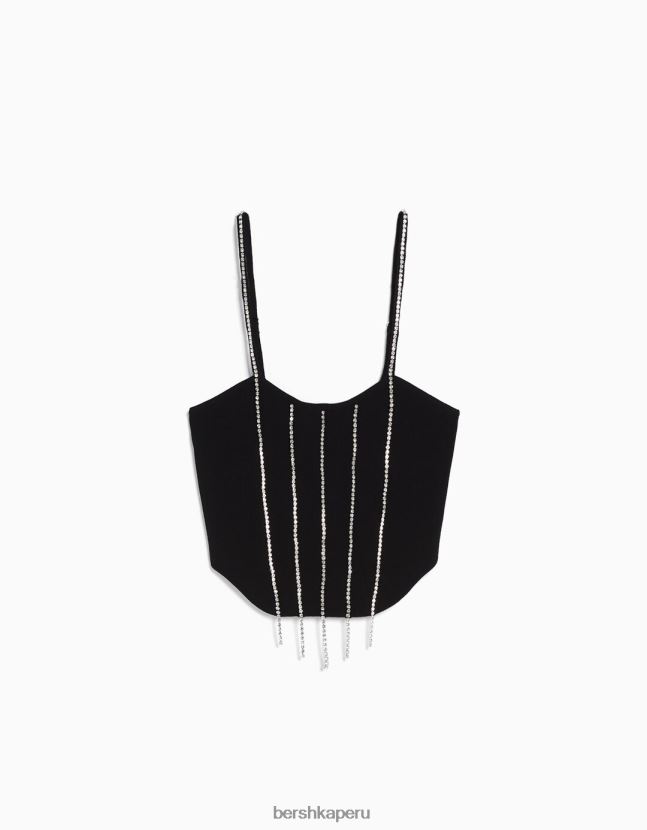 negro Bershka mujer top tejido con tiras y pedrería 806J6B765