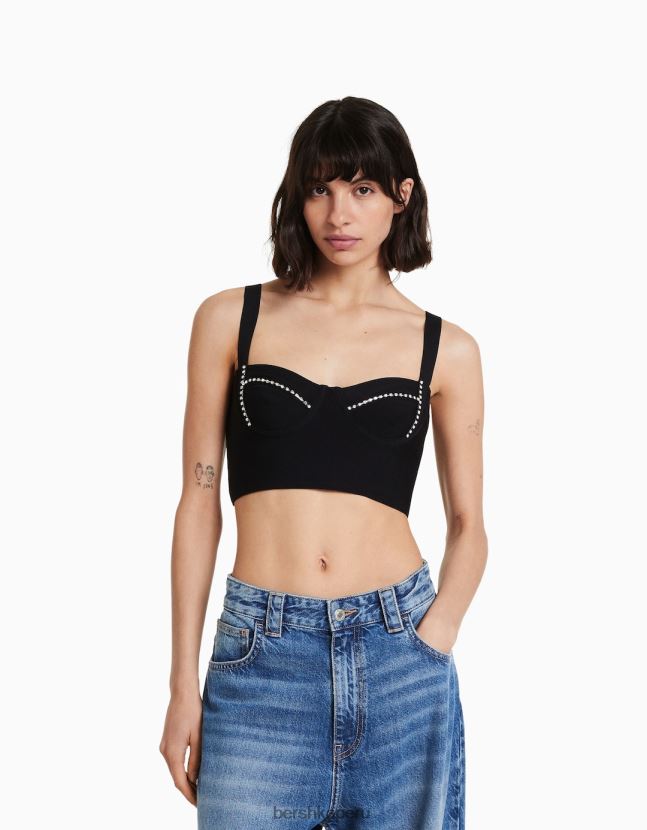 negro Bershka mujer top tejido con tiras y pedrería 806J6B837