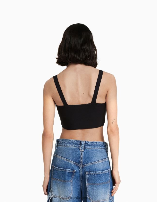 negro Bershka mujer top tejido con tiras y pedrería 806J6B837