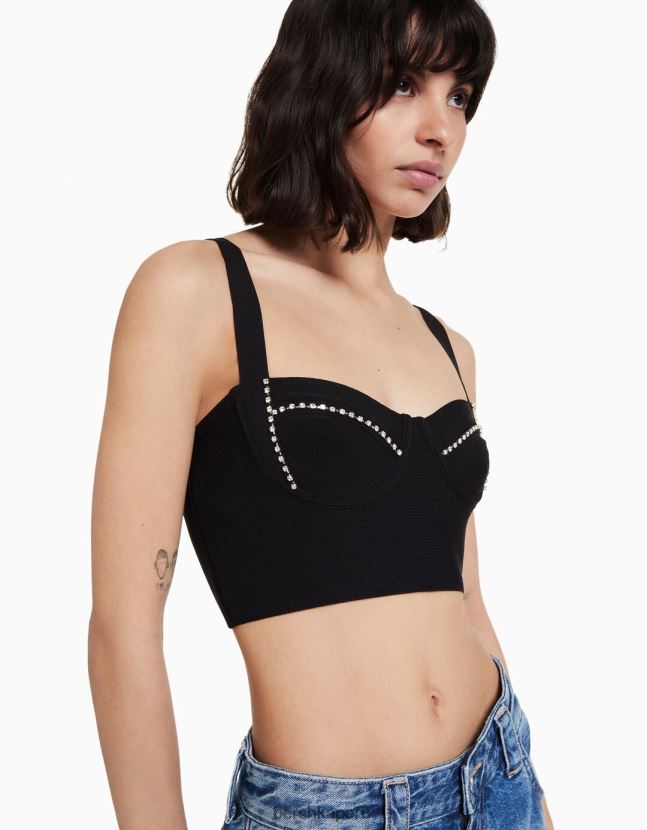 negro Bershka mujer top tejido con tiras y pedrería 806J6B837