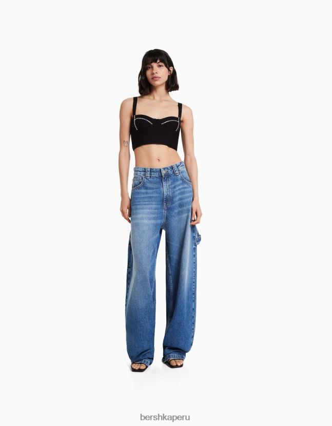 negro Bershka mujer top tejido con tiras y pedrería 806J6B837