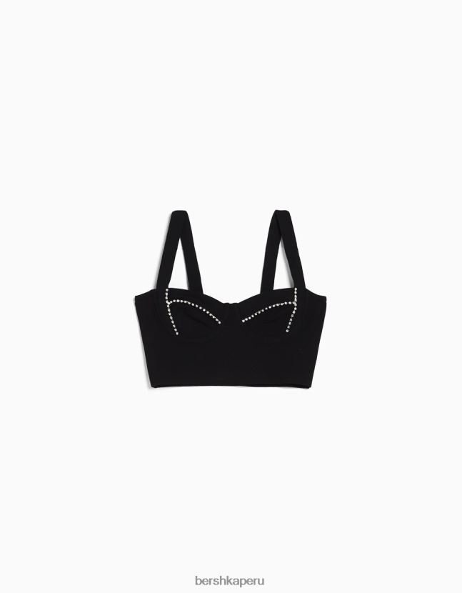 negro Bershka mujer top tejido con tiras y pedrería 806J6B837