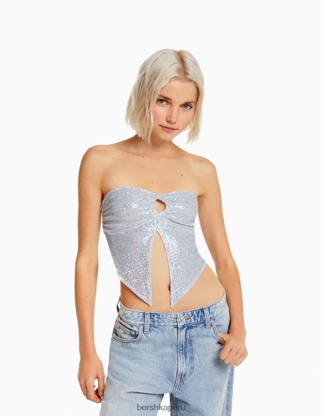 plata Bershka mujer top bandeau brillante con detalle de aberturas y lazo 806J6B739