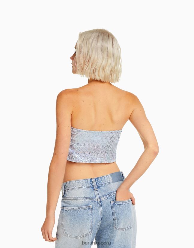 plata Bershka mujer top bandeau brillante con detalle de aberturas y lazo 806J6B739