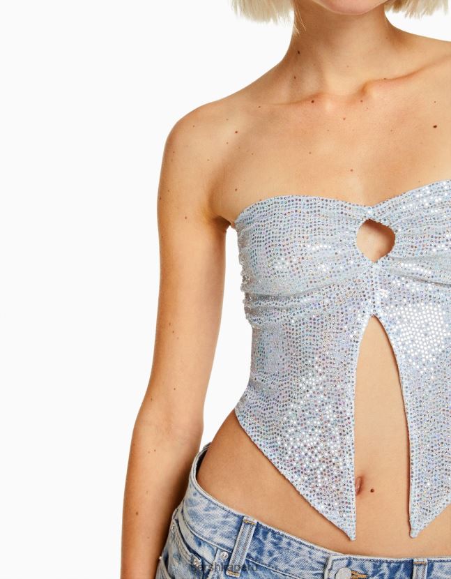 plata Bershka mujer top bandeau brillante con detalle de aberturas y lazo 806J6B739