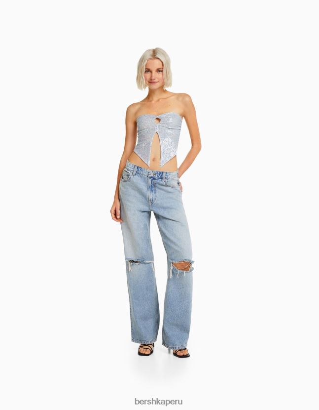 plata Bershka mujer top bandeau brillante con detalle de aberturas y lazo 806J6B739