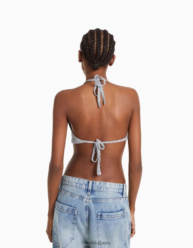 plata Bershka mujer top halter con pedrería 806J6B839