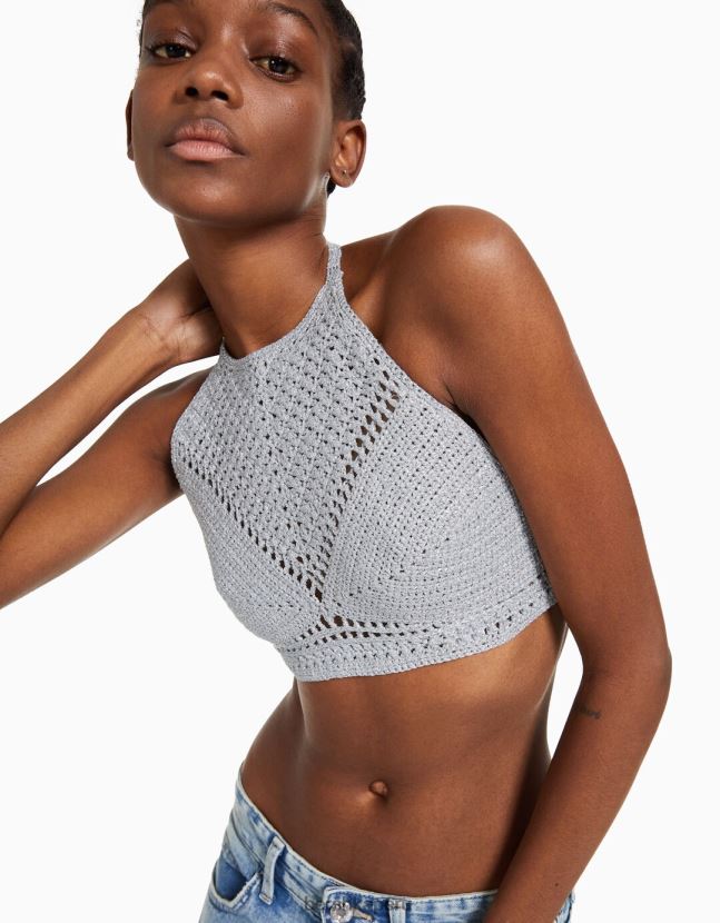 plata Bershka mujer top halter con pedrería 806J6B839