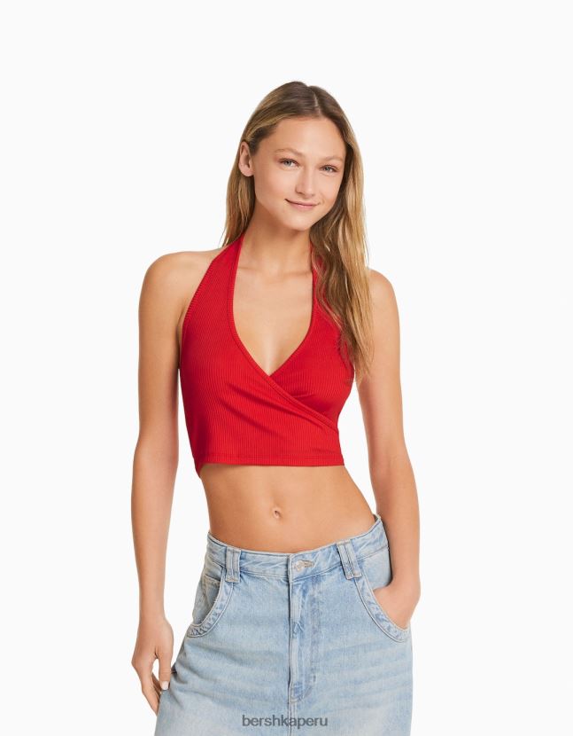 rojo Bershka mujer top corto de canalé con cuello halter 806J6B682