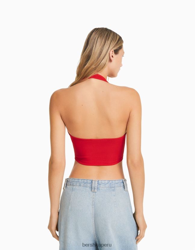 rojo Bershka mujer top corto de canalé con cuello halter 806J6B682
