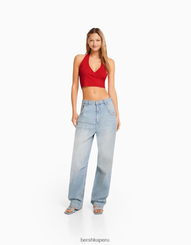 rojo Bershka mujer top corto de canalé con cuello halter 806J6B682