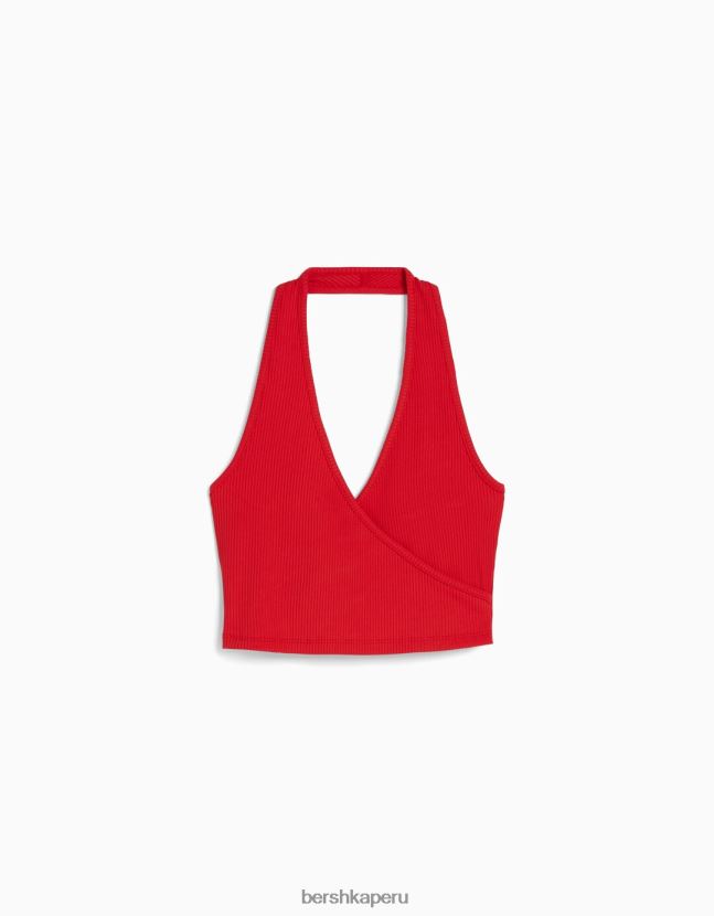 rojo Bershka mujer top corto de canalé con cuello halter 806J6B682
