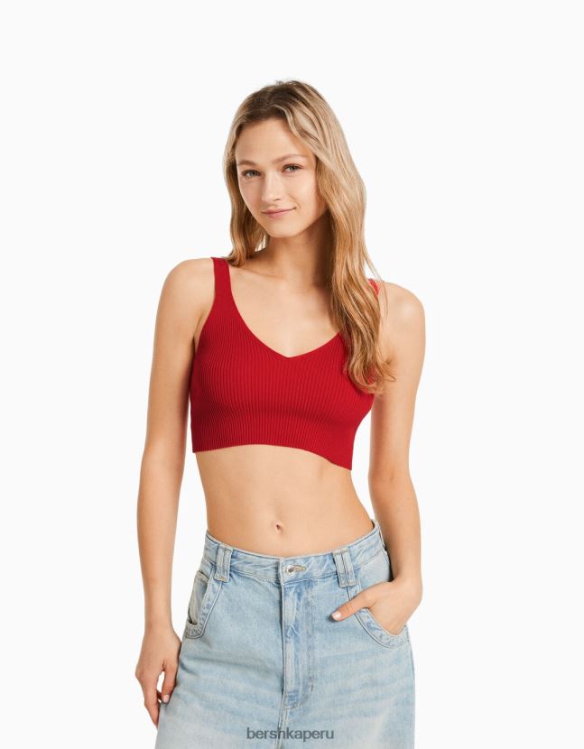 rojo Bershka mujer top tejido de canalé con cuello en V 806J6B778
