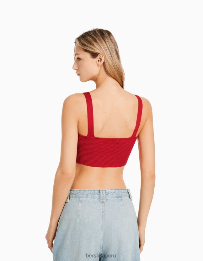 rojo Bershka mujer top tejido de canalé con cuello en V 806J6B778