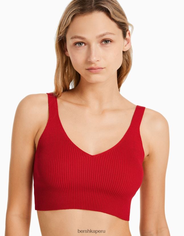 rojo Bershka mujer top tejido de canalé con cuello en V 806J6B778