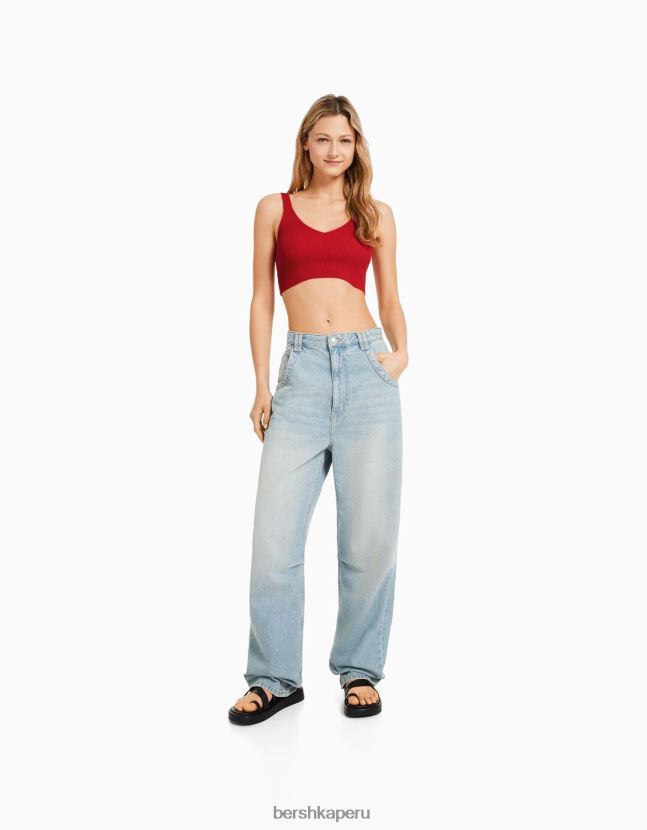 rojo Bershka mujer top tejido de canalé con cuello en V 806J6B778