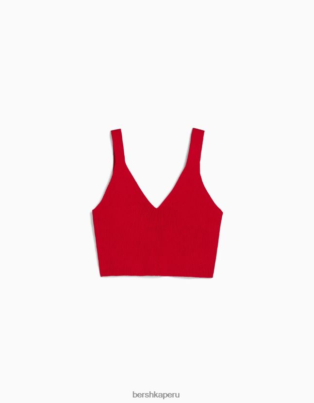 rojo Bershka mujer top tejido de canalé con cuello en V 806J6B778