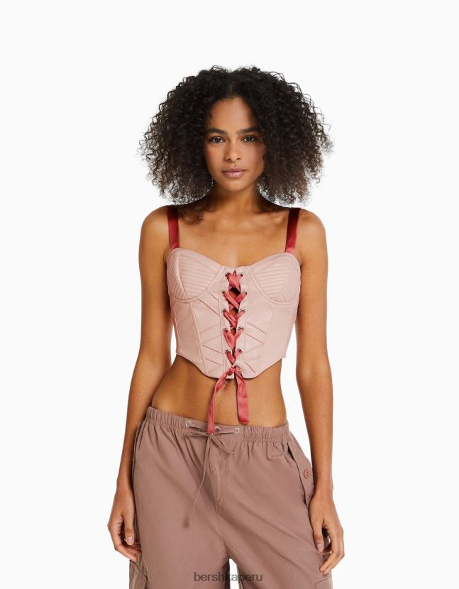 rosa Bershka mujer corsé de piel sintética con tiras y cordones de raso 806J6B722