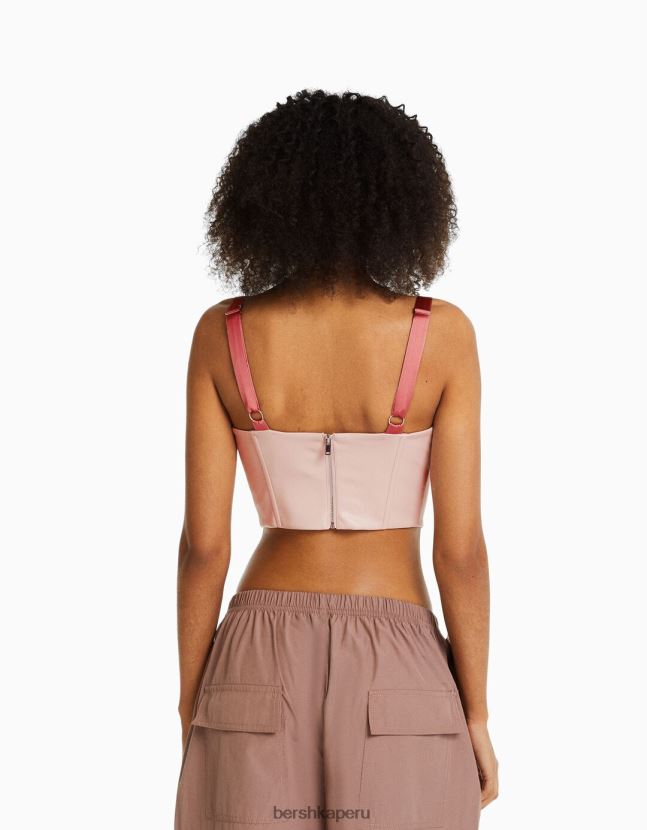 rosa Bershka mujer corsé de piel sintética con tiras y cordones de raso 806J6B722
