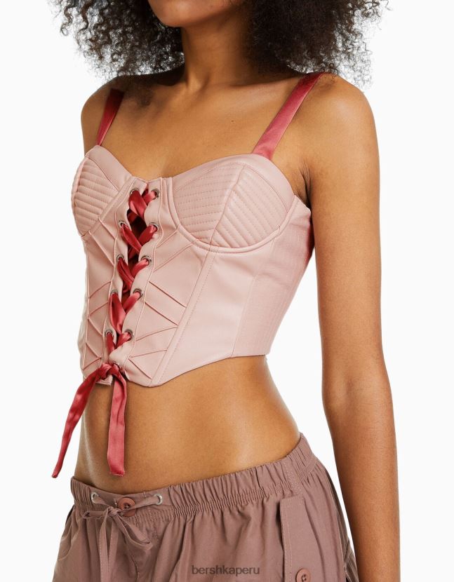 rosa Bershka mujer corsé de piel sintética con tiras y cordones de raso 806J6B722