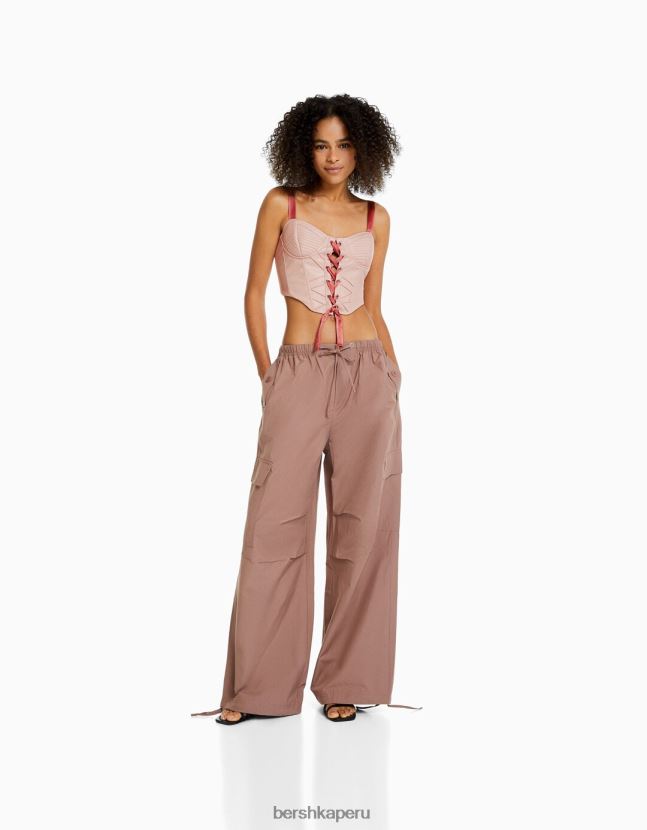 rosa Bershka mujer corsé de piel sintética con tiras y cordones de raso 806J6B722