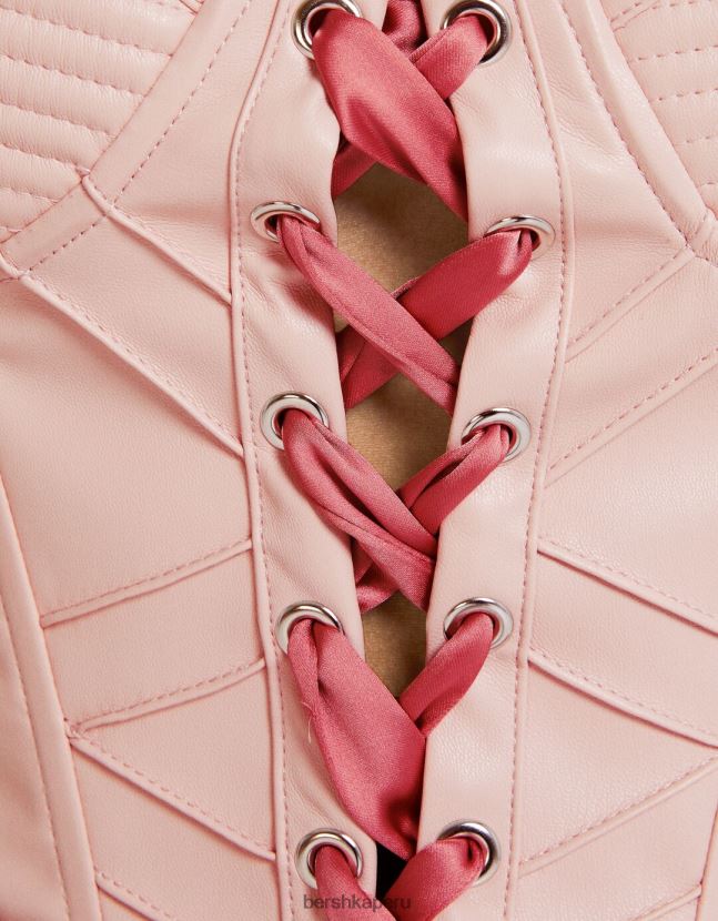 rosa Bershka mujer corsé de piel sintética con tiras y cordones de raso 806J6B722