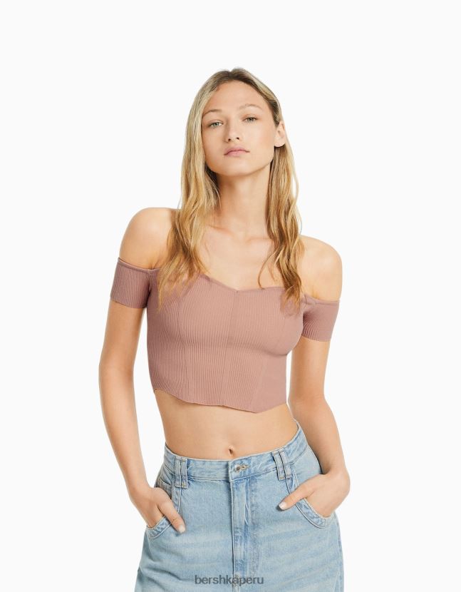 rosa Bershka mujer corsé de punto con hombros descubiertos y manga corta 806J6B802