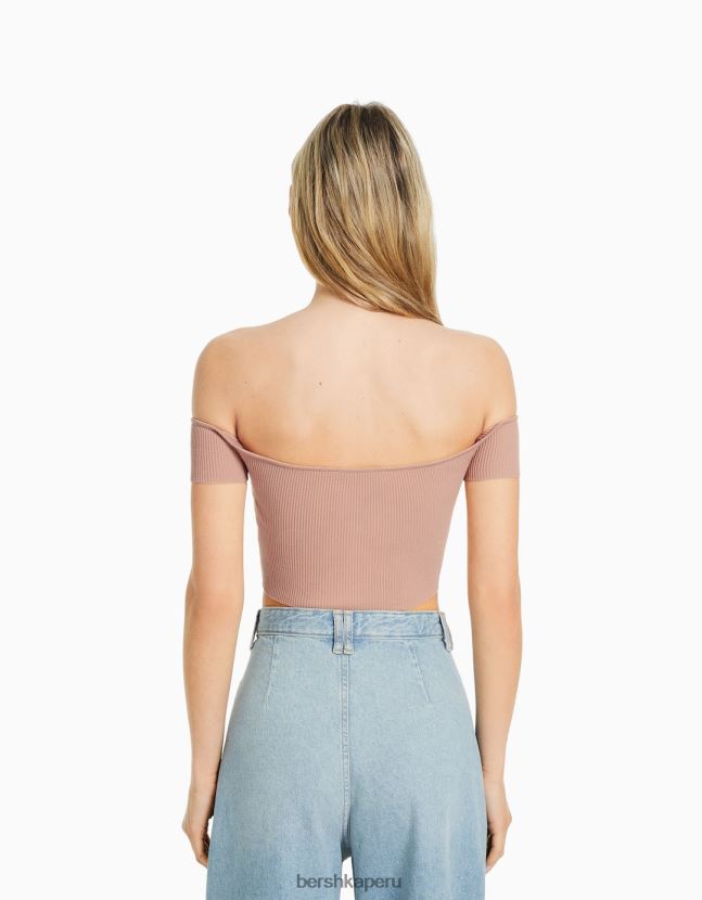rosa Bershka mujer corsé de punto con hombros descubiertos y manga corta 806J6B802