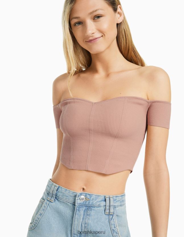 rosa Bershka mujer corsé de punto con hombros descubiertos y manga corta 806J6B802