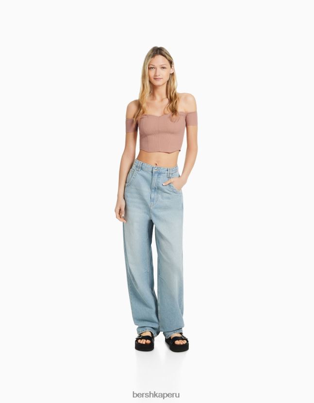 rosa Bershka mujer corsé de punto con hombros descubiertos y manga corta 806J6B802