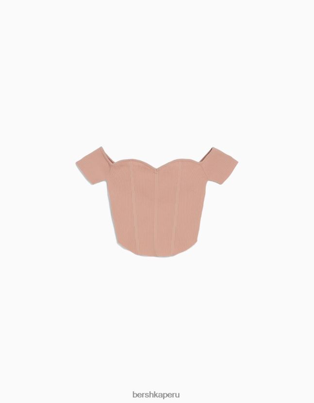 rosa Bershka mujer corsé de punto con hombros descubiertos y manga corta 806J6B802