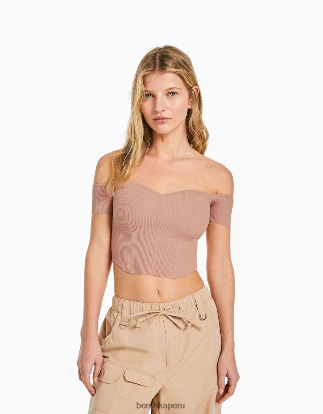 rosa Bershka mujer corsé de punto con hombros descubiertos y manga corta 806J6B805