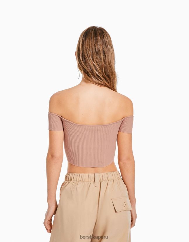 rosa Bershka mujer corsé de punto con hombros descubiertos y manga corta 806J6B805