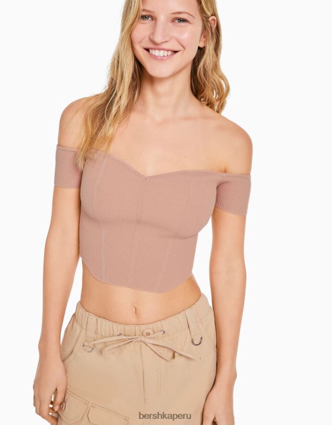 rosa Bershka mujer corsé de punto con hombros descubiertos y manga corta 806J6B805