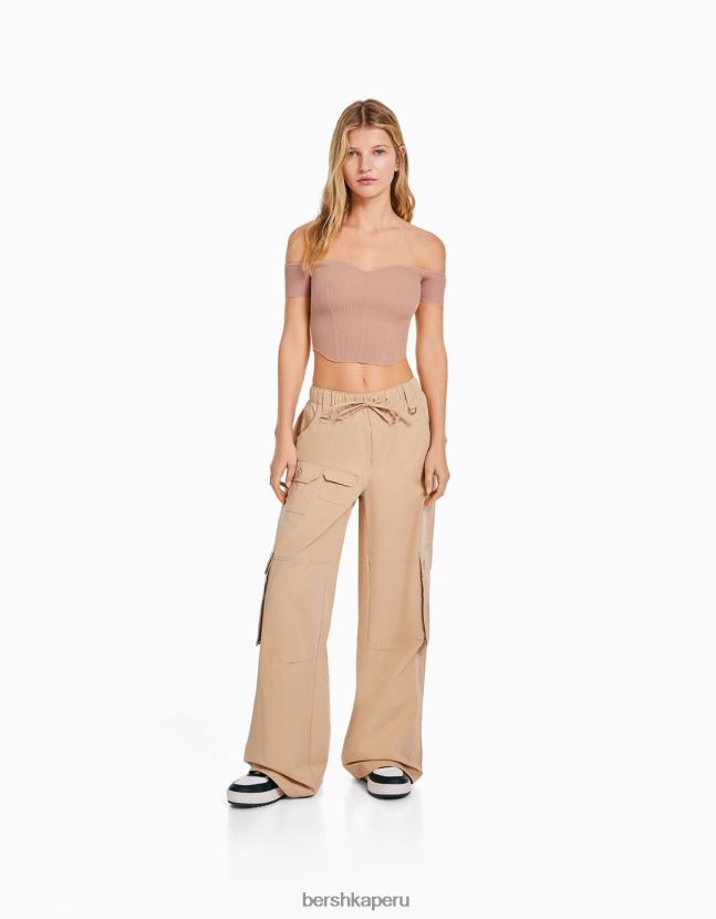 rosa Bershka mujer corsé de punto con hombros descubiertos y manga corta 806J6B805