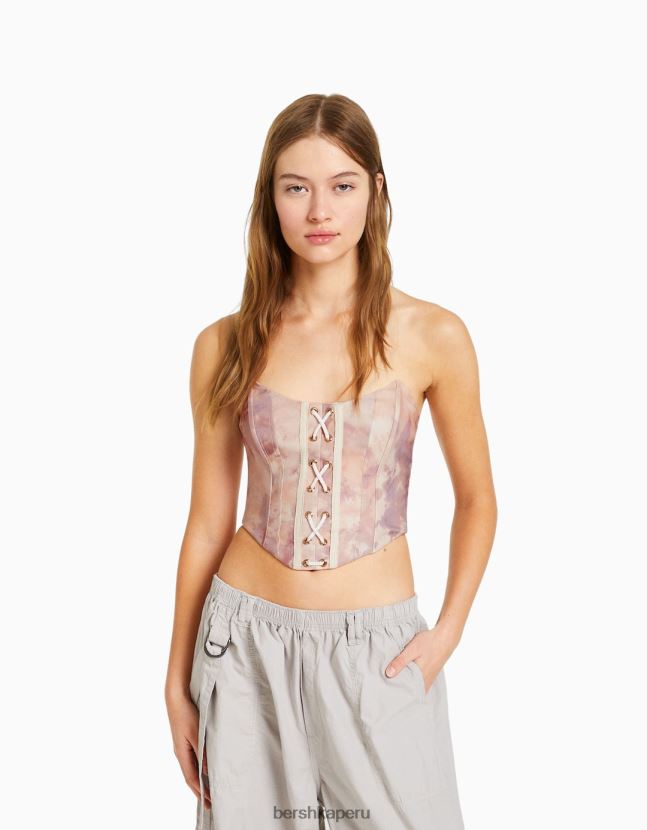 rosa Bershka mujer corsé estampado con detalle de lazo 806J6B723