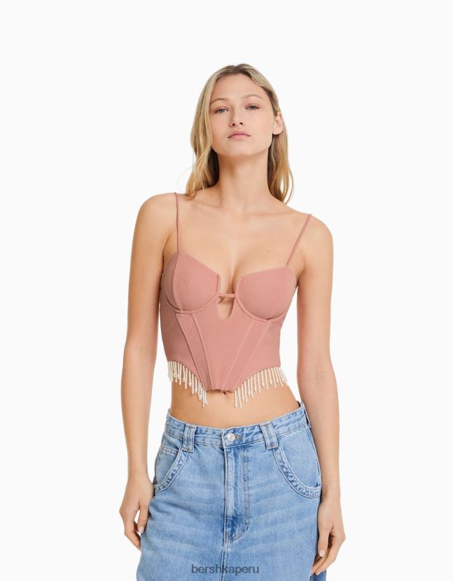 rosa Bershka mujer corsé top con detalles de perlas de imitación 806J6B767