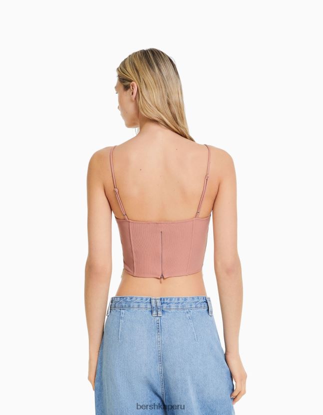 rosa Bershka mujer corsé top con detalles de perlas de imitación 806J6B767