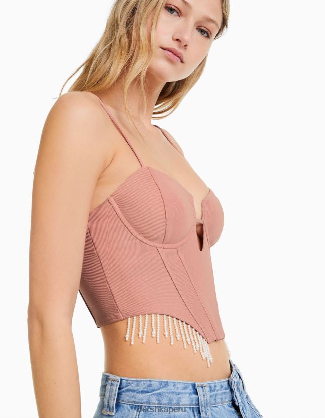 rosa Bershka mujer corsé top con detalles de perlas de imitación 806J6B767
