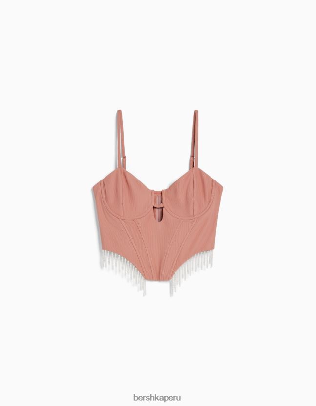 rosa Bershka mujer corsé top con detalles de perlas de imitación 806J6B767