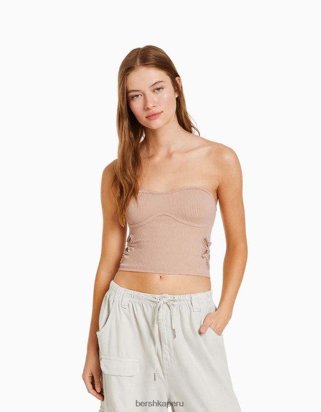 rosa Bershka mujer top bandeau sin costuras con detalle floral 806J6B853