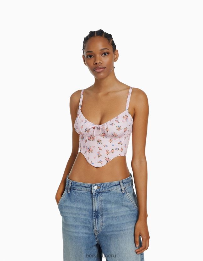 rosa Bershka mujer top corsé corto de popelina con tirantes 806J6B688