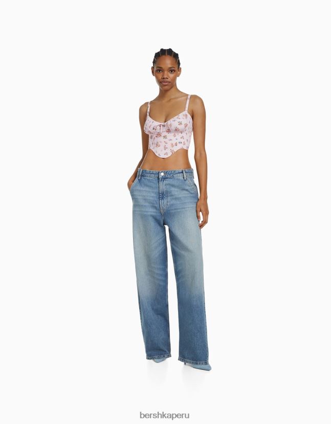 rosa Bershka mujer top corsé corto de popelina con tirantes 806J6B688